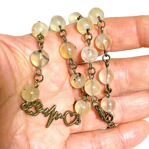 Natural Prehnite Necklace, Bronze Paw Print Heart Beat + Genuine Gemstone - Picture 16 of 16